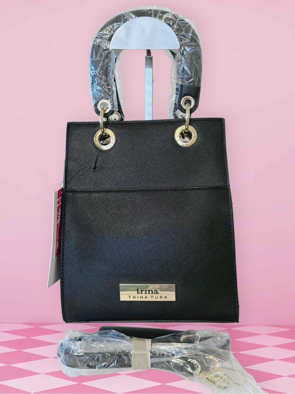 Trina Turk Black Double Handle Crossbody Satchel Bag Vegan Leather Gold Hardware